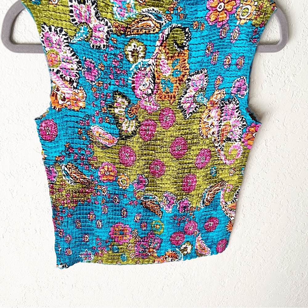 VINTAGE Y2K Le Pleat Crinkle 70s Print Boho Floral Tank Top L - Picture 4 of 7